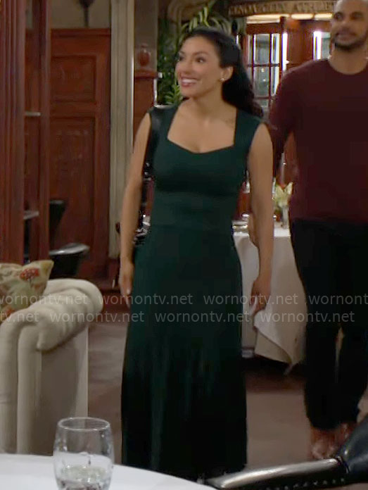 Audra's green rib knit top and skirt set on The Young and the Restless