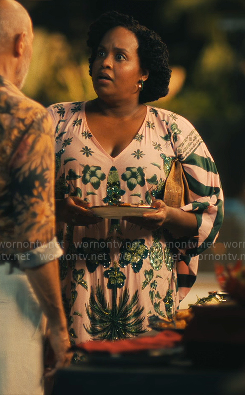 Belinda's pink and green printed kaftan on The White Lotus