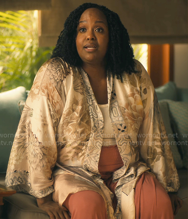 Belinda's printed silk robe on The White Lotus