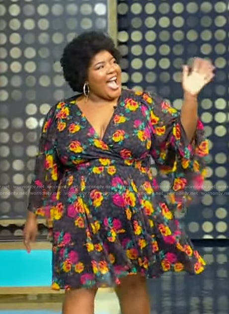 Dulcé Sloan's black floral print wrap dress on Tamron Hall Show