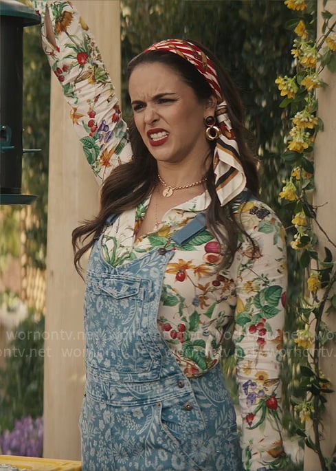 Birdie's floral shirt and printed denim overalls on Grosse Pointe Garden Society