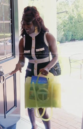 Bozoma's black contrast trim button front dress on The Real Housewives of Beverly Hills