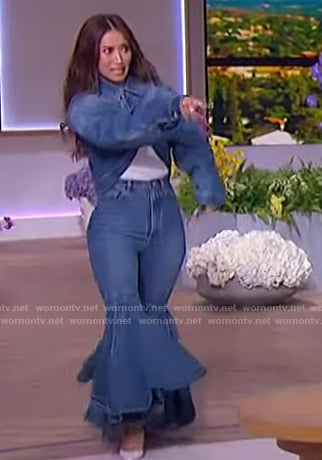 Brenda Song's cropped denim jacket and flare jeans on The Jennifer Hudson Show