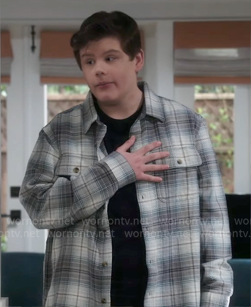 Carter's blue plaid shirt on Shifting Gears