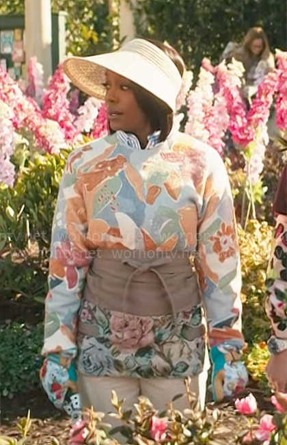 Catherine's floral print sweater and apron on Grosse Pointe Garden Society