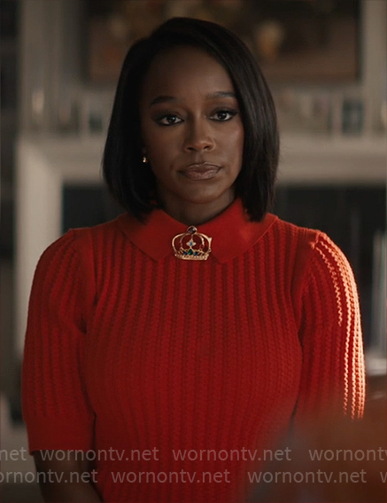 Catherine's red short sleeved collared sweater on Grosse Pointe Garden Society