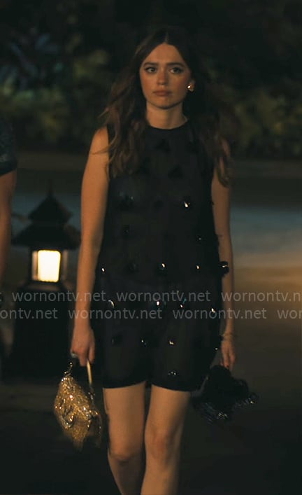 Chelsea's sheer black sequin mini dress on The White Lotus