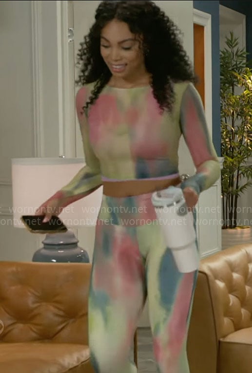 Chelsea's printed mesh crop top and leggings set on Beyond the Gates