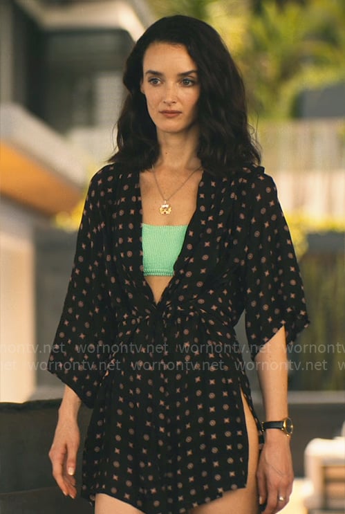 Chloe's green textured bikini and black printed coverup on The White Lotus