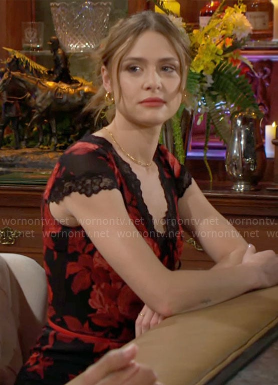 Claire's red and black floral midi dress on The Young and the Restless