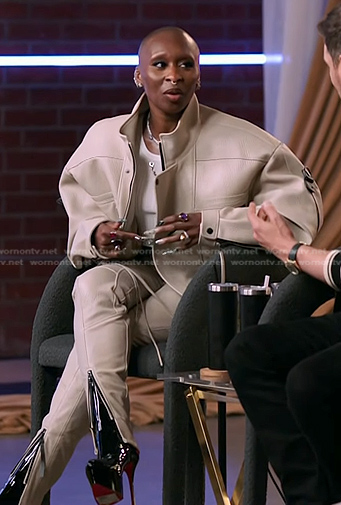 Cynthia Erivo's white crop tank and leather jacket on The Voice