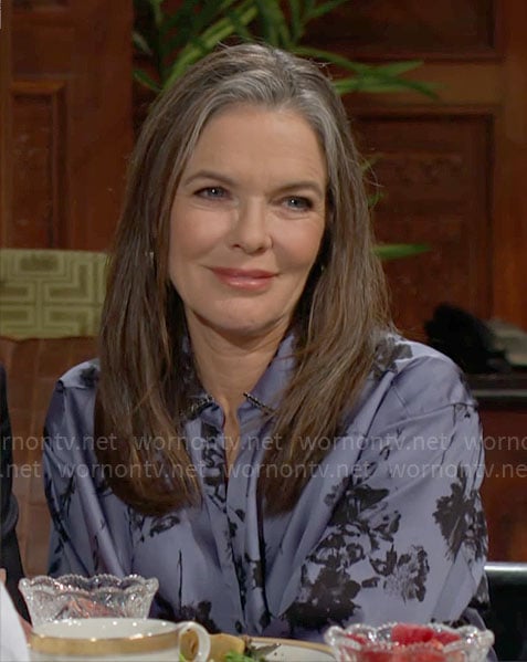 Diane's blue floral button down blouse on The Young and the Restless