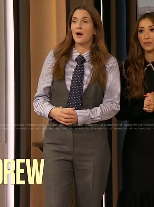 Drew's gray vest and pants on The Drew Barrymore Show