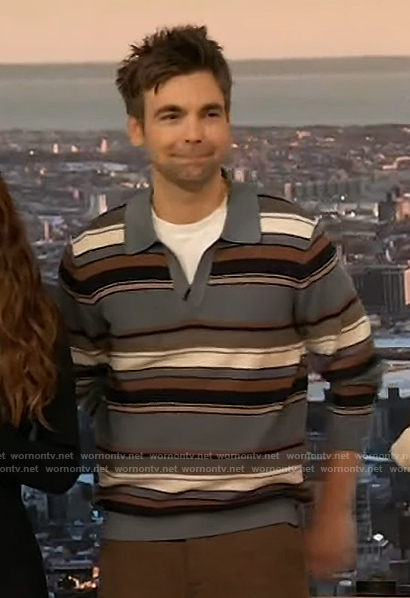 Drew Tarver's striped polo sweater on The Drew Barrymore Show