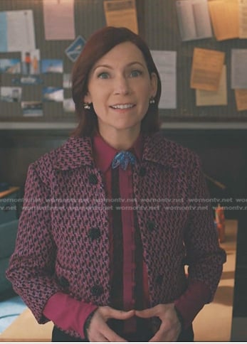Elsbeth's pink houndstooth jacket on Elsbeth