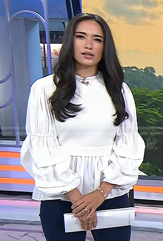 Emilie's white mixed media ruffled blouse on Today