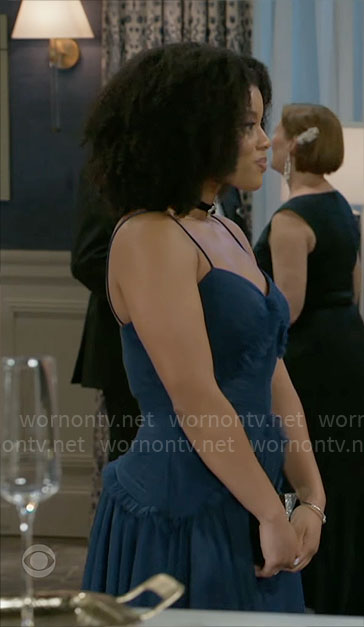 Eva's navy blue evening gown on Beyond the Gates