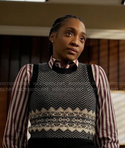 Faith's printed sweater vest and striped shirt on Will Trent