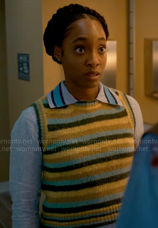 Faith's striped sweater vest and blue shirt on Will Trent