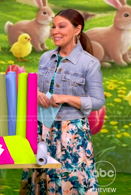 Gretta's floral print top and skirt and denim jacket on The View