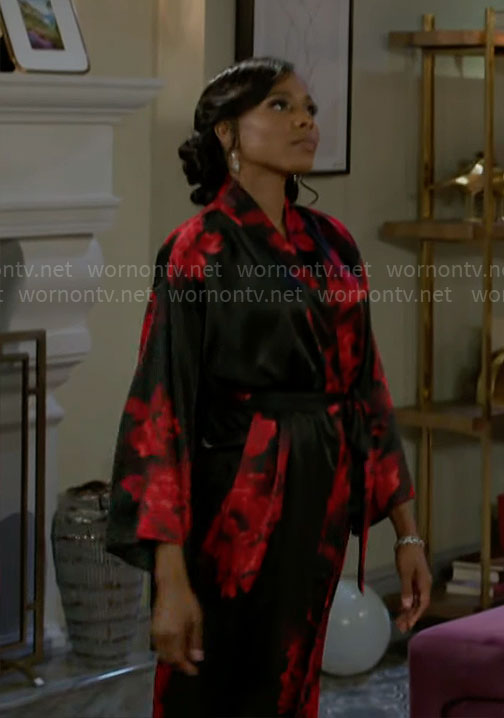 Hayley's black and red floral robe on Beyond the Gates