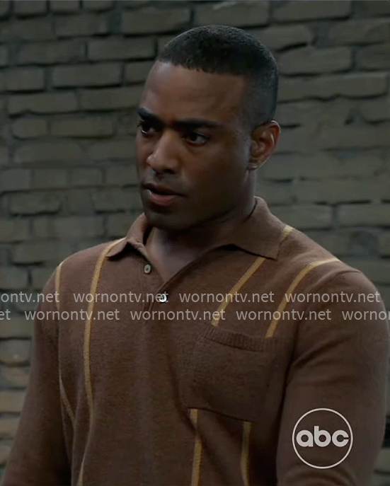 Isaiah's brown striped polo sweater on General Hospital