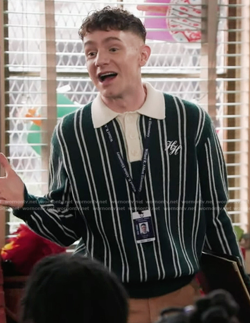 Jacob's green striped polo sweater on Abbott Elementary