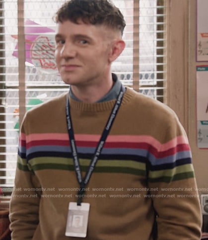 Jacob's beige striped sweater on Abbott Elementary