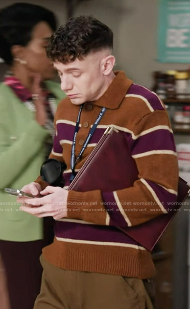 Jacob's stripe polo sweater on Abbott Elementary