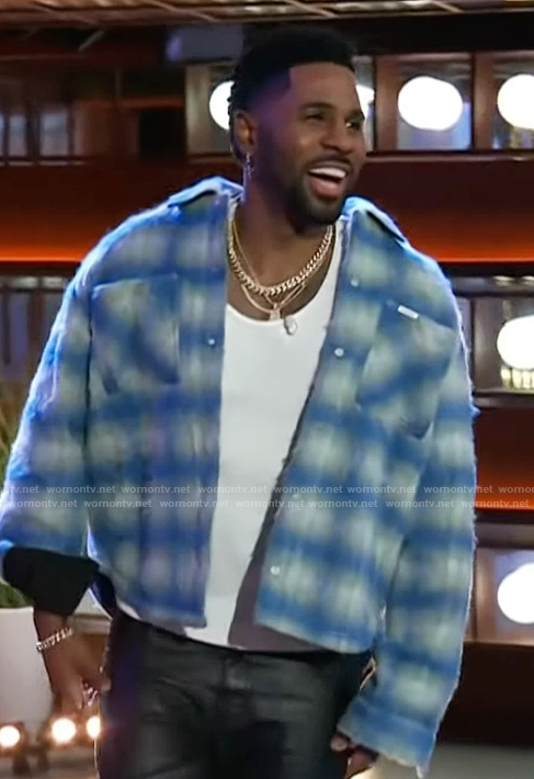 Jason Derulo's blue check overshirt on The Kelly Clarkson Show