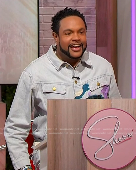 Jawn's face embroidered denim jacket and jeans on Sherri