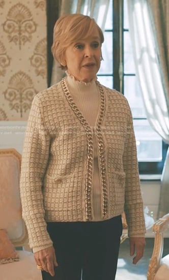 Phyllis's ivory chain trim cardigan on Elsbeth