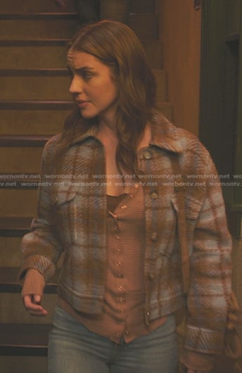 Jules's pink waffle cardigan and plaid jacket on Greys Anatomy