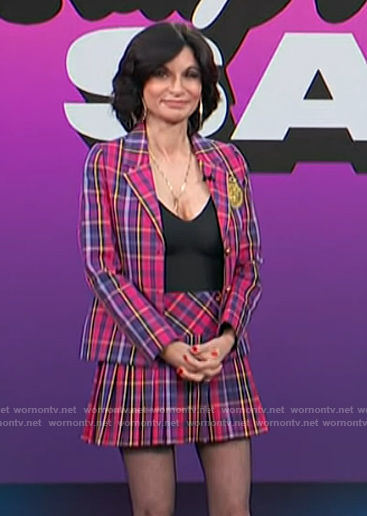 Julia Haart's pink plaid blazer and mini skirt on Access Hollywood