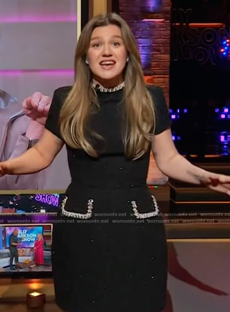 Kelly's black embellished trim tweed dress on The Kelly Clarkson Show