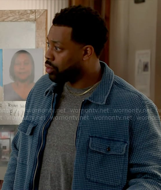 Kevin's blue waffle textured shirt jacket on Chicago PD