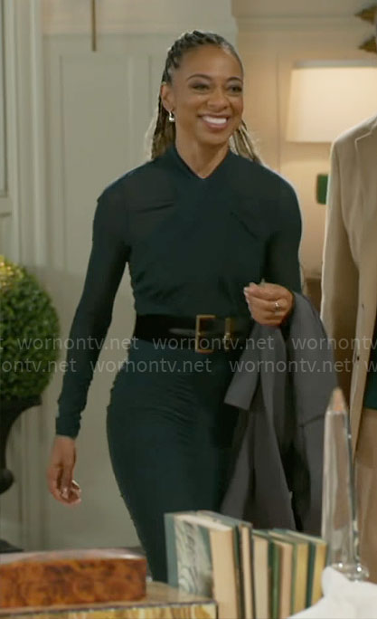 Linda's teal ruched dress on Beyond the Gates