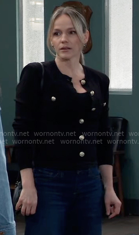 Lulu's black cardigan with gold buttons on General Hospital
