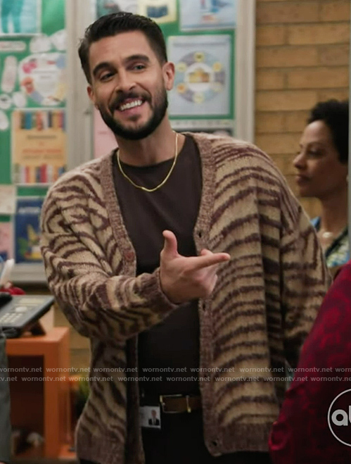 Manny's zebra stripe cardigan on Abbott Elementary
