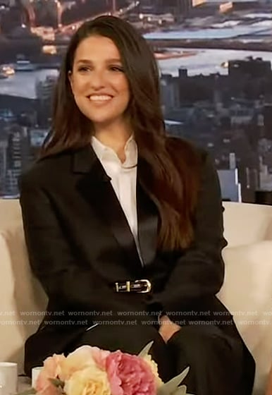 Marisa Abela's black cropped blazer and belt on The Drew Barrymore Show