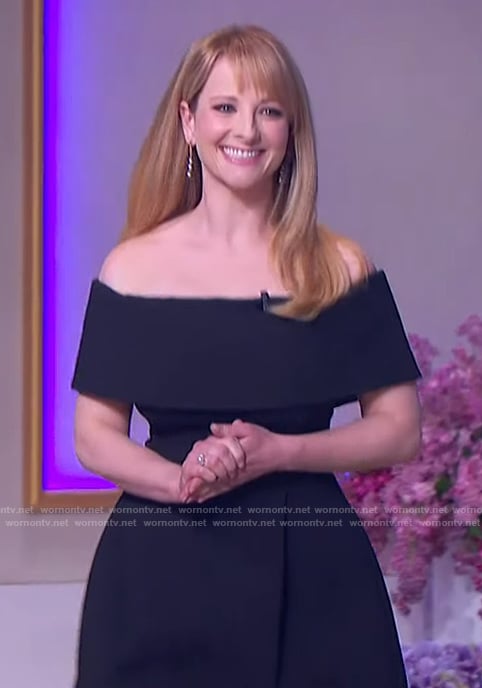 Melissa Rauch's black off shoulder mini dress on The Jennifer Hudson Show