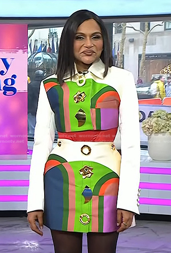 Mindy Kaling's print cropped jacket and mini skirt on Today
