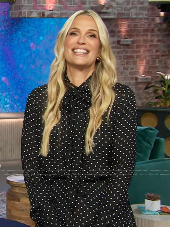 Molly Sims's black polka dot print tie neck blouse and skirt on The Kelly Clarkson Show