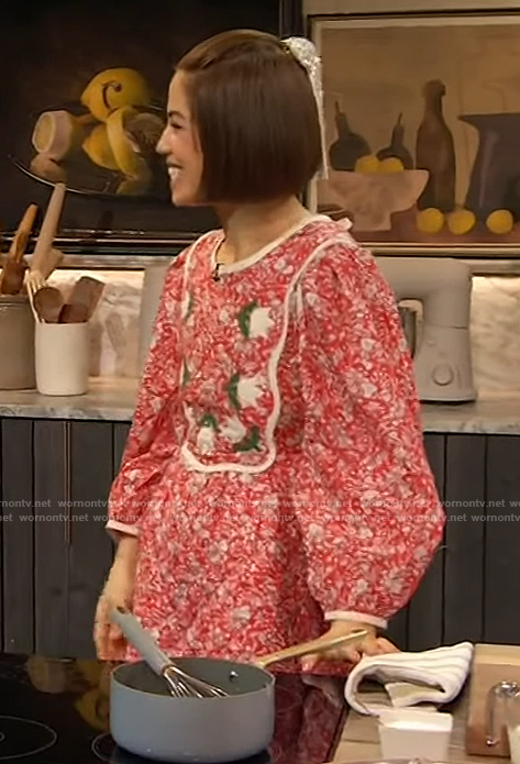 Molly Yeh's red floral embroidered dress on The Drew Barrymore Show