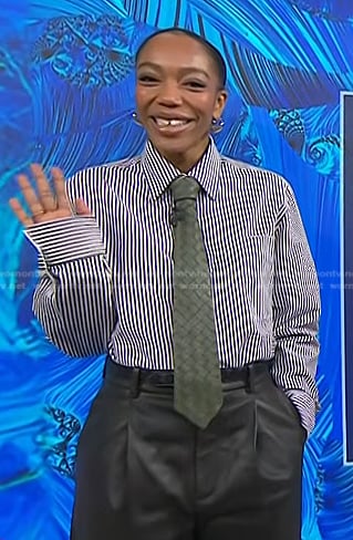 Naomi Ackie's striped shirt and green leather tie on Today