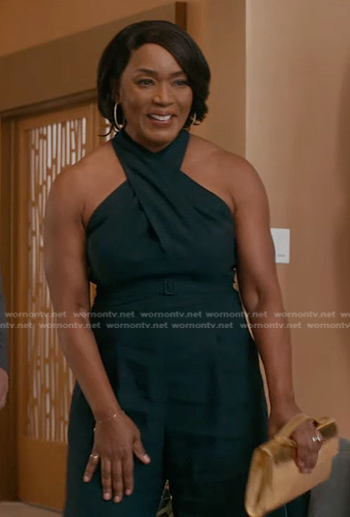 Athena's navy halter jumpsuit on 9-1-1