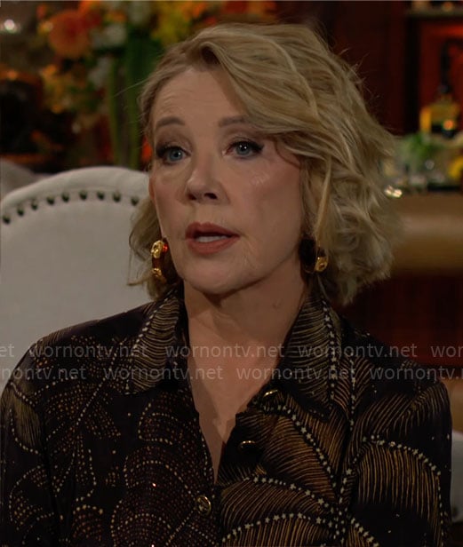 Nikki's black printed blouse on The Young and the Restless