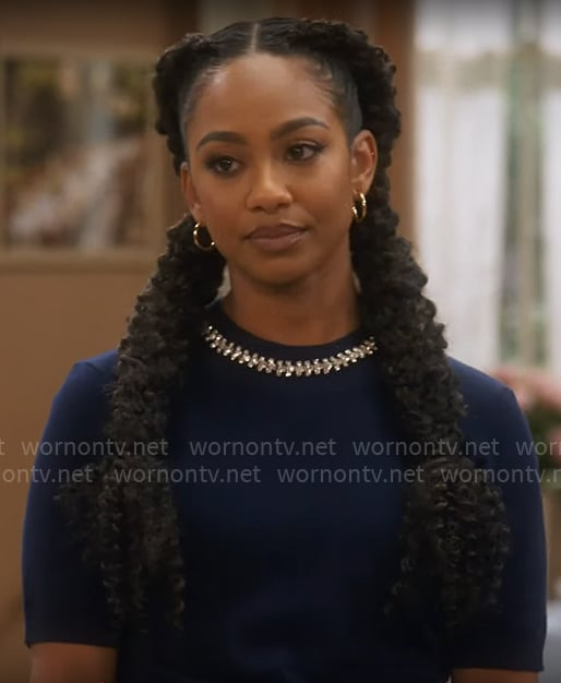 Nina's navy blue sweater with embellished neckline on Poppas House