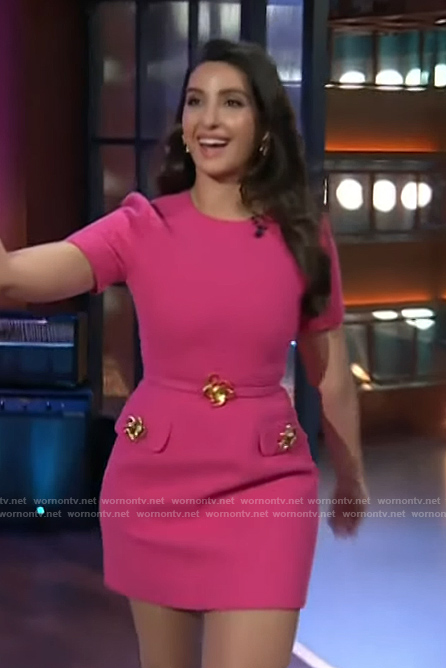 Nora Fatehi's pink embellished tweed dress on The Kelly Clarkson Show