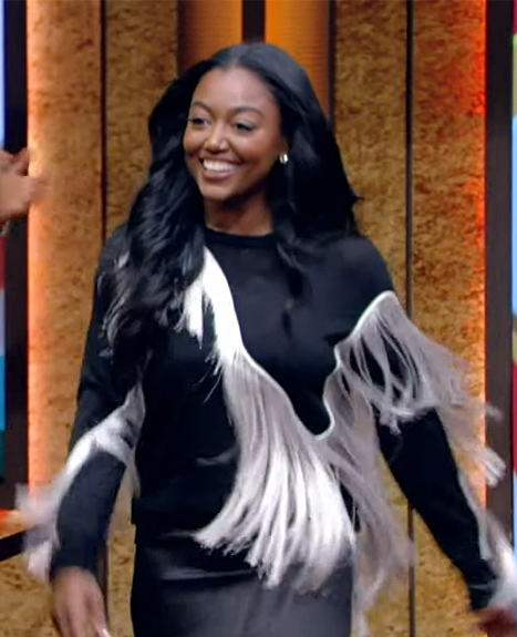 Patina Miller's black fringe sweater on Live with Kelly and Mark